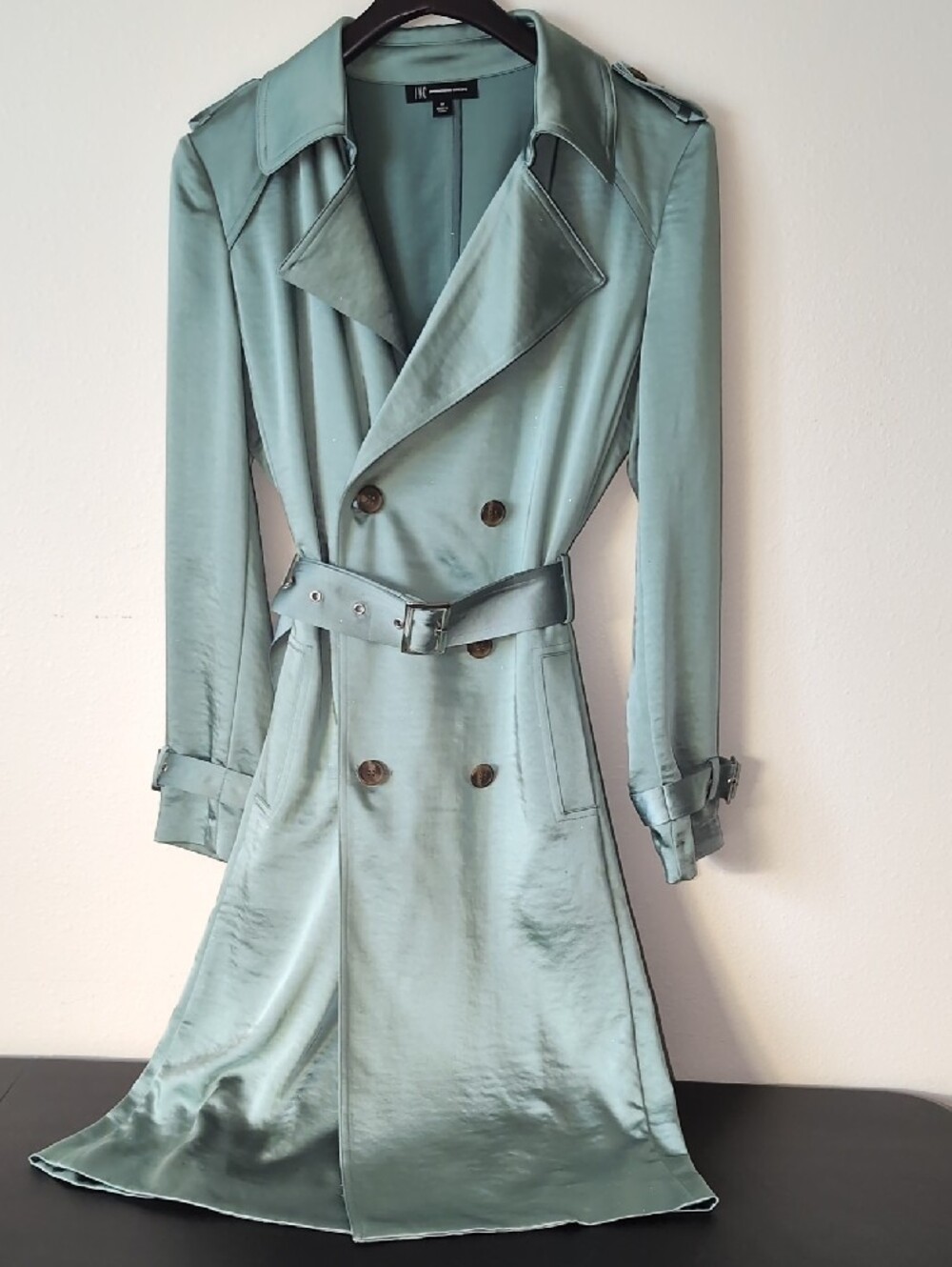 Satin Trench Coat in Teal - Picture 5 of 8